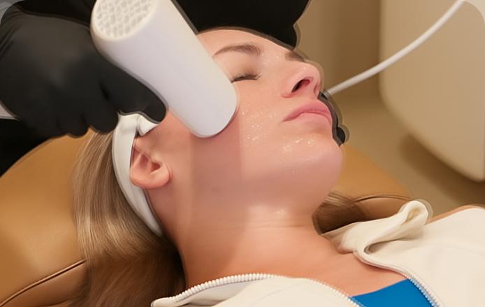 Woman receiving a laser treatment on her face in a clinical setting.