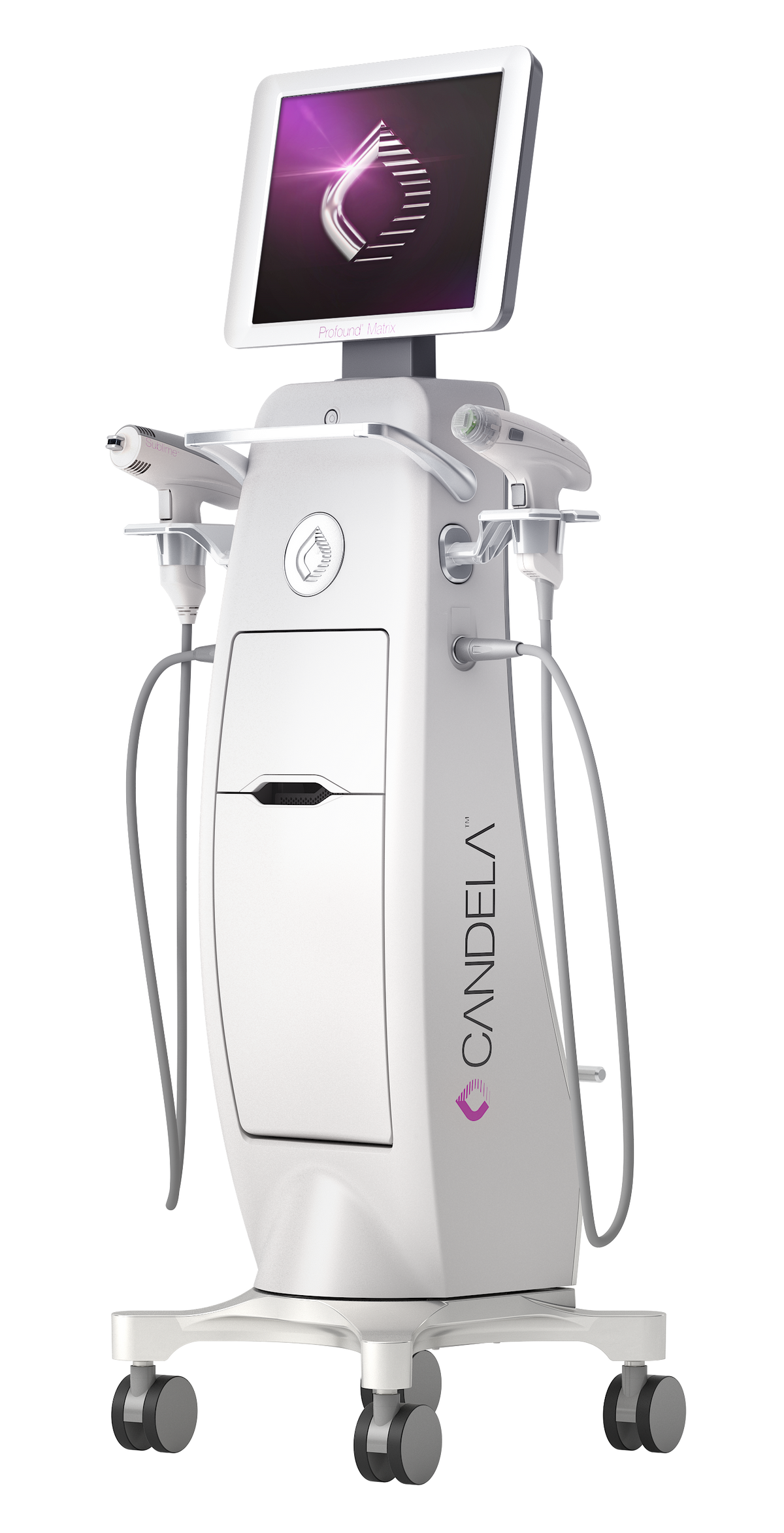 A white Candela laser beauty device on a wheeled stand, featuring a large touchscreen display, treatment arms.
