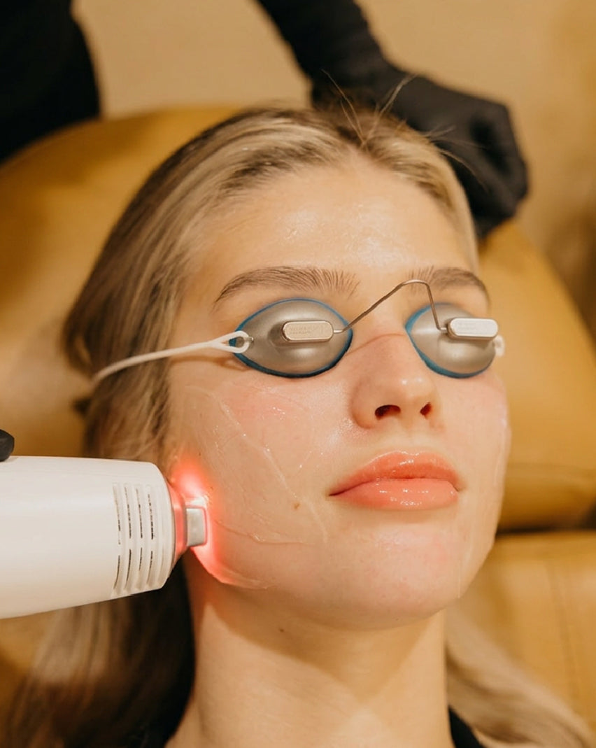 Woman wearing protective eye gear and receiving facial treatment